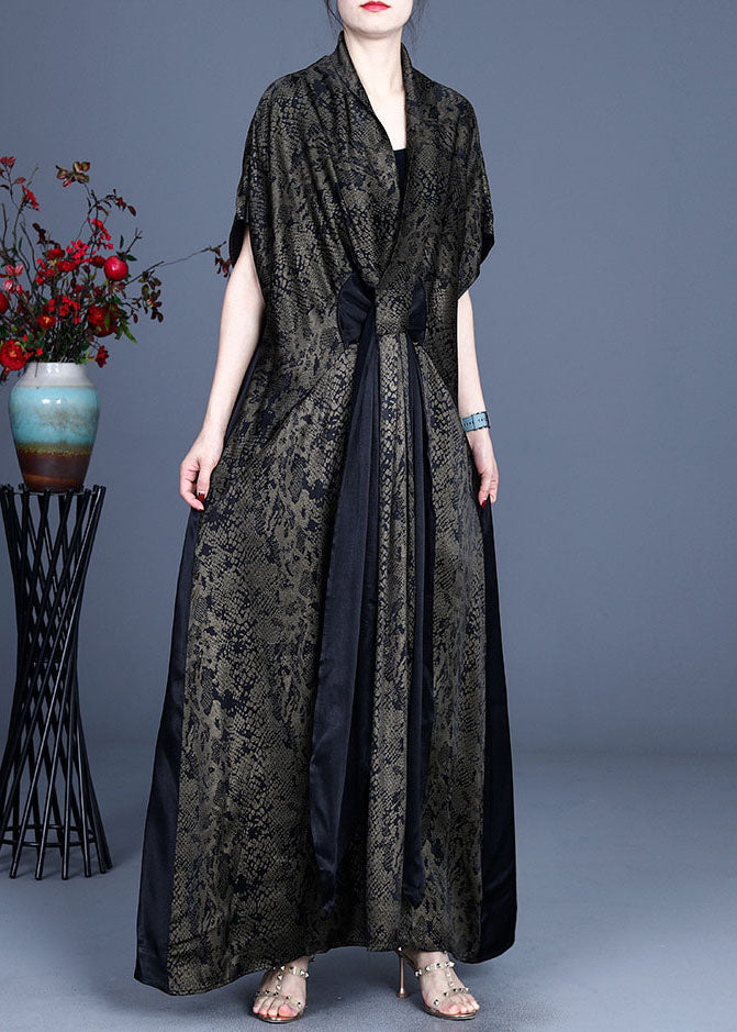 Simple Green V Neck Print Patchwork Dress Spring