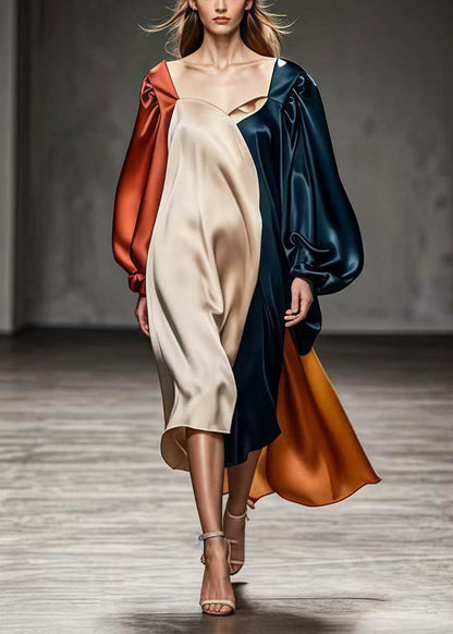 Square Collar Asymmetrical Patchwork Silk Dresses Lantern Sleeve