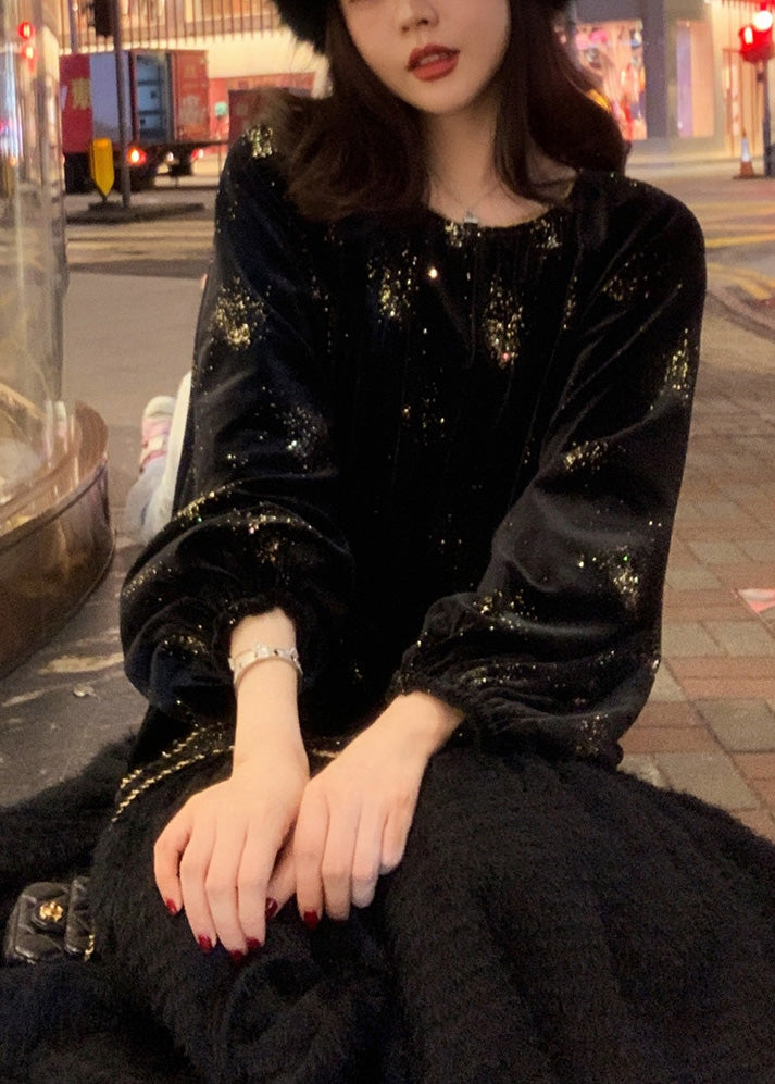 Organic Black O-neck Patchwork Sequins Silk Velour Maxi Dress Fall