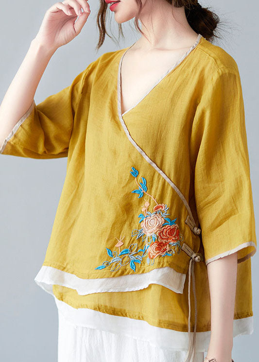 French White Bamboo V Neck Asymmetrical Design Shirt Spring