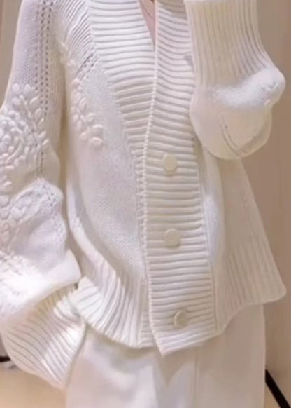 Italian White V Neck Button Knit Cardigans Fall