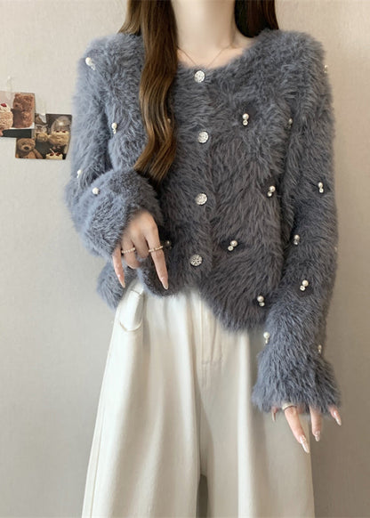 Grey O Neck Nail Bead Mink Hair Knitted Coat Fall