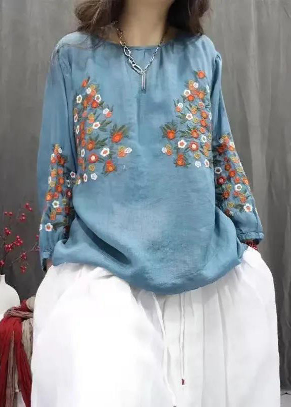 Blue O-neck Embroidered Tops Fall