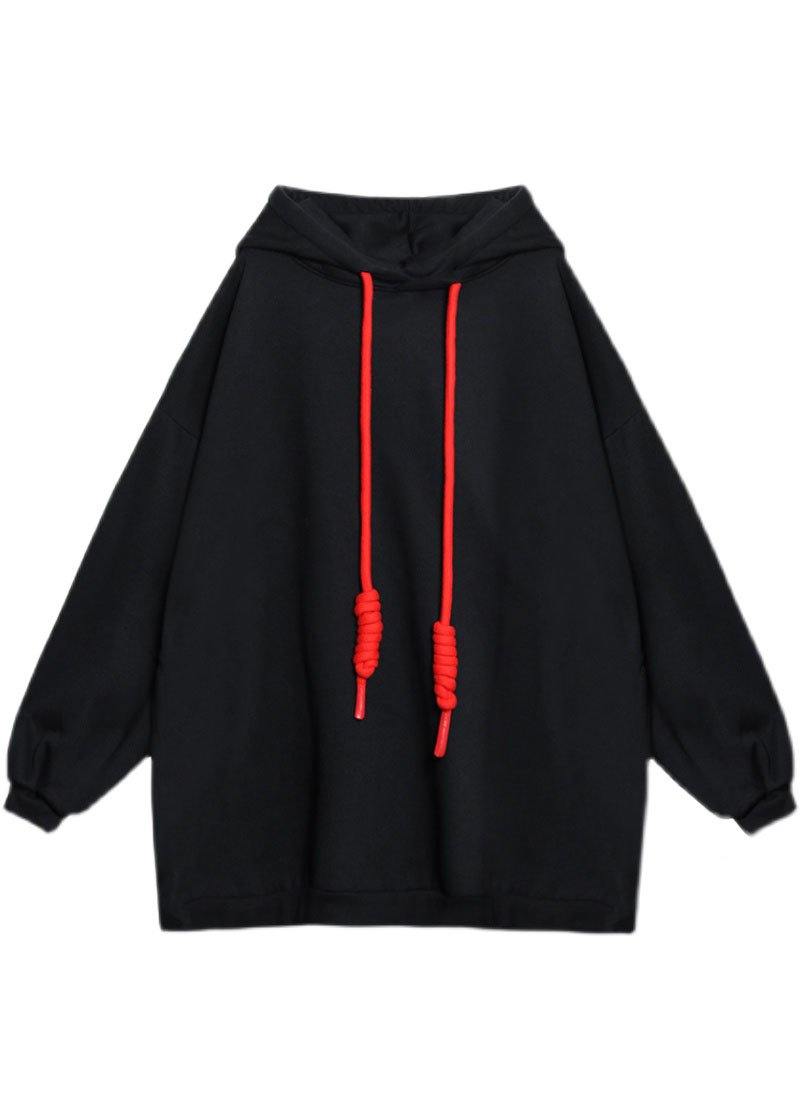 Style Black Hooded Pockets Drawstring Fall Loose Sweatshirts Top