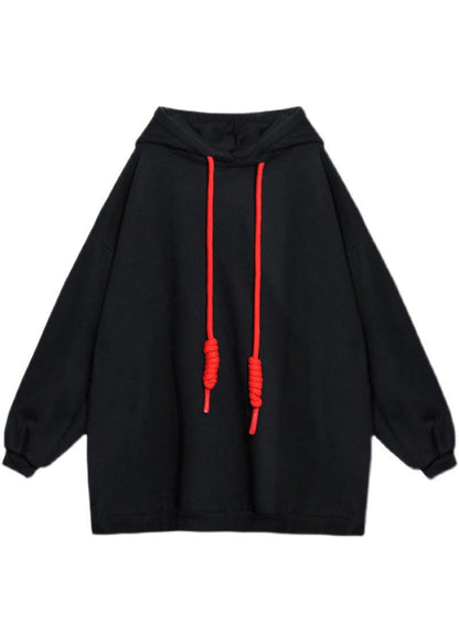 Style Black Hooded Pockets Drawstring Fall Loose Sweatshirts Top