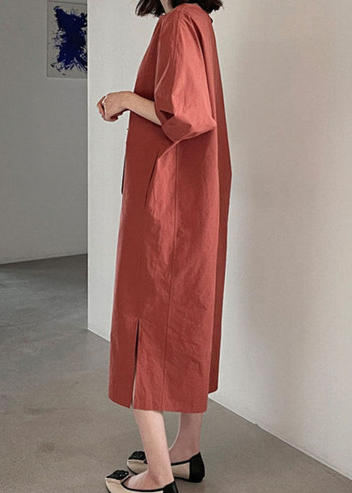 Red Puff Sleeve Cotton Long Dress Spring