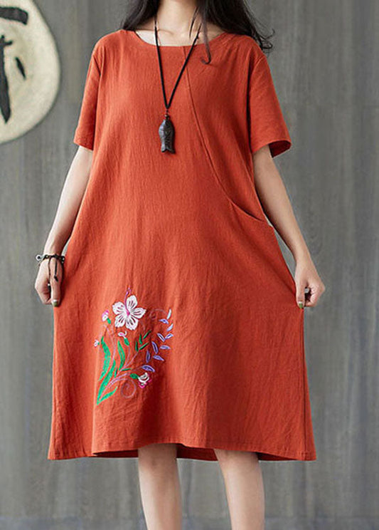 Handmade Caramel O-neck Embroideried Pocket Cotton Mid Dress Short Sleeve