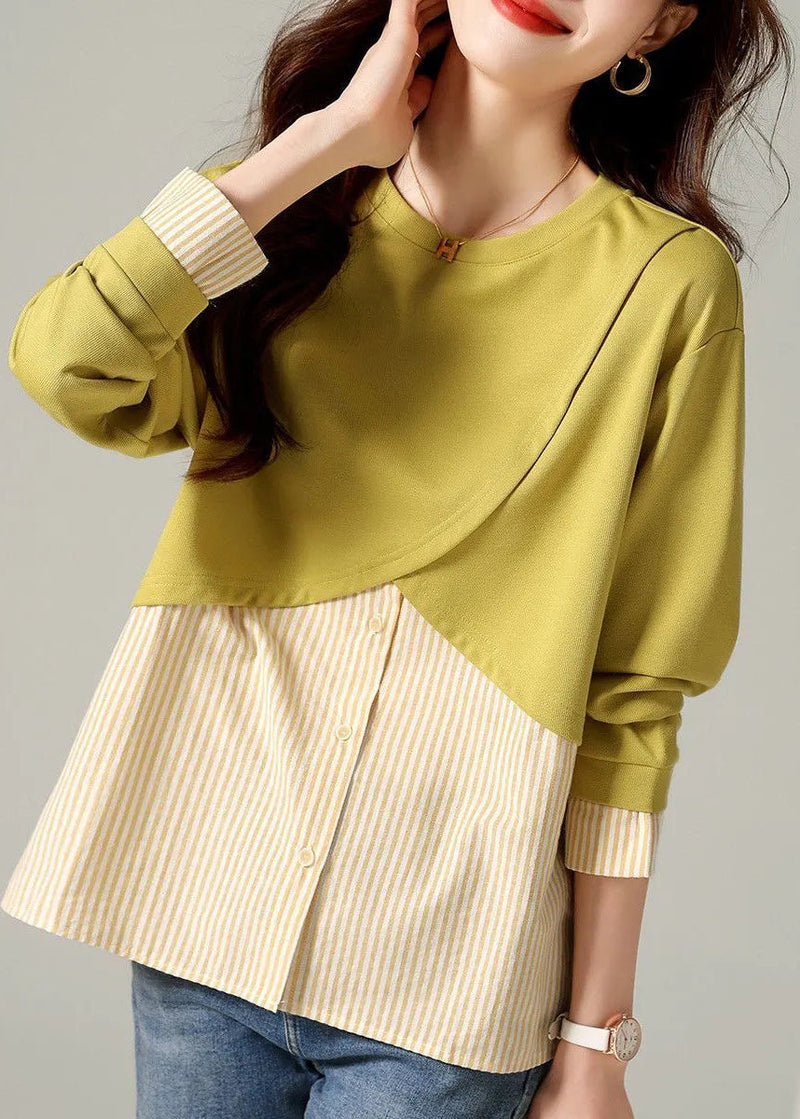 Loose Yellow O-neck Striped Patchwork T Shirts Long Sleeve