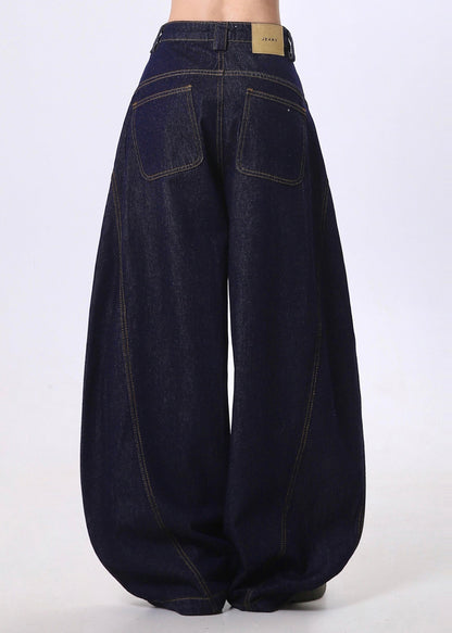 Navy Letter Print Denim Wide Leg Pants Spring