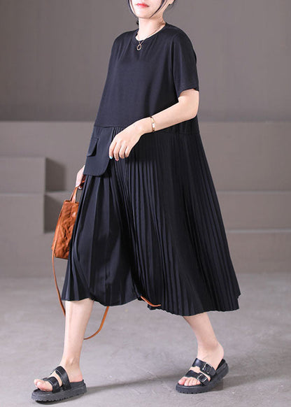 Style Black O-neck Wrinkled Patchwork Chiffon Pleated Dresses Short Sleeve