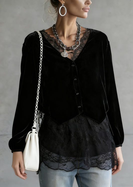 Black V Neck Lace Patchwork Velour Shirt Spring