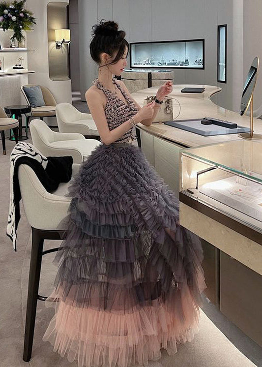Pink Cold Shoulder Gradient Color Tulle Sets 2 Pieces Spring