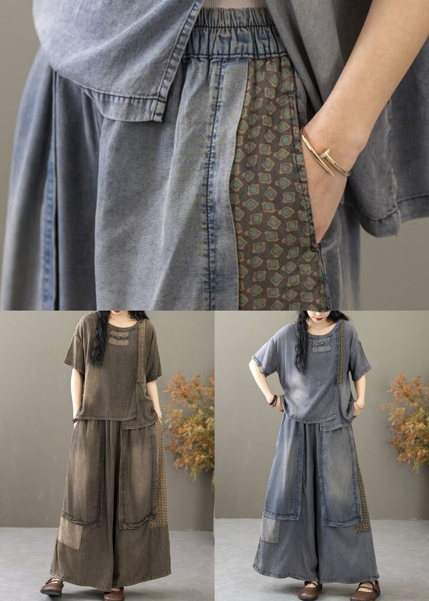 Khaki Elastic Waist Patchwork Denim Two Pieces Set O Neck Short Sleeve