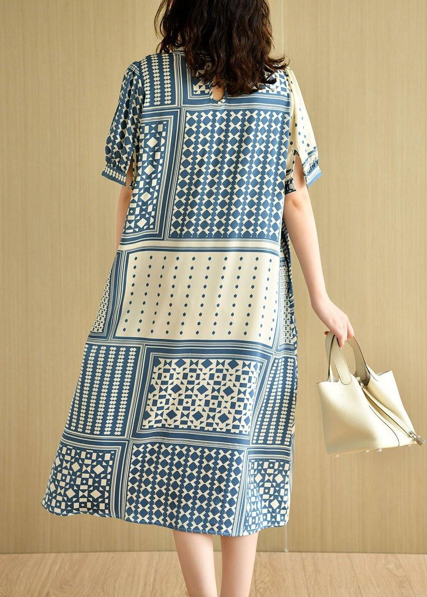 Loose Blue O-neck Print Summer Cotton Short Sleeve Dress