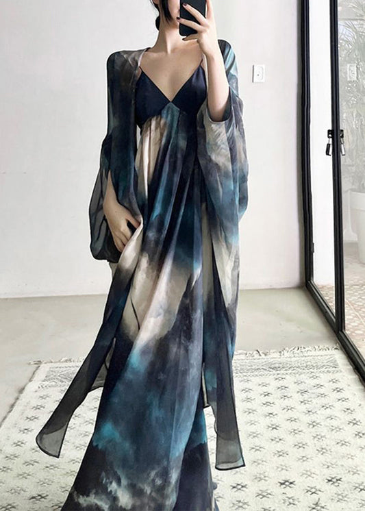 Blue Cardigans and Spaghetti Strap Dresses Chiffon Two Piece Suit Fall