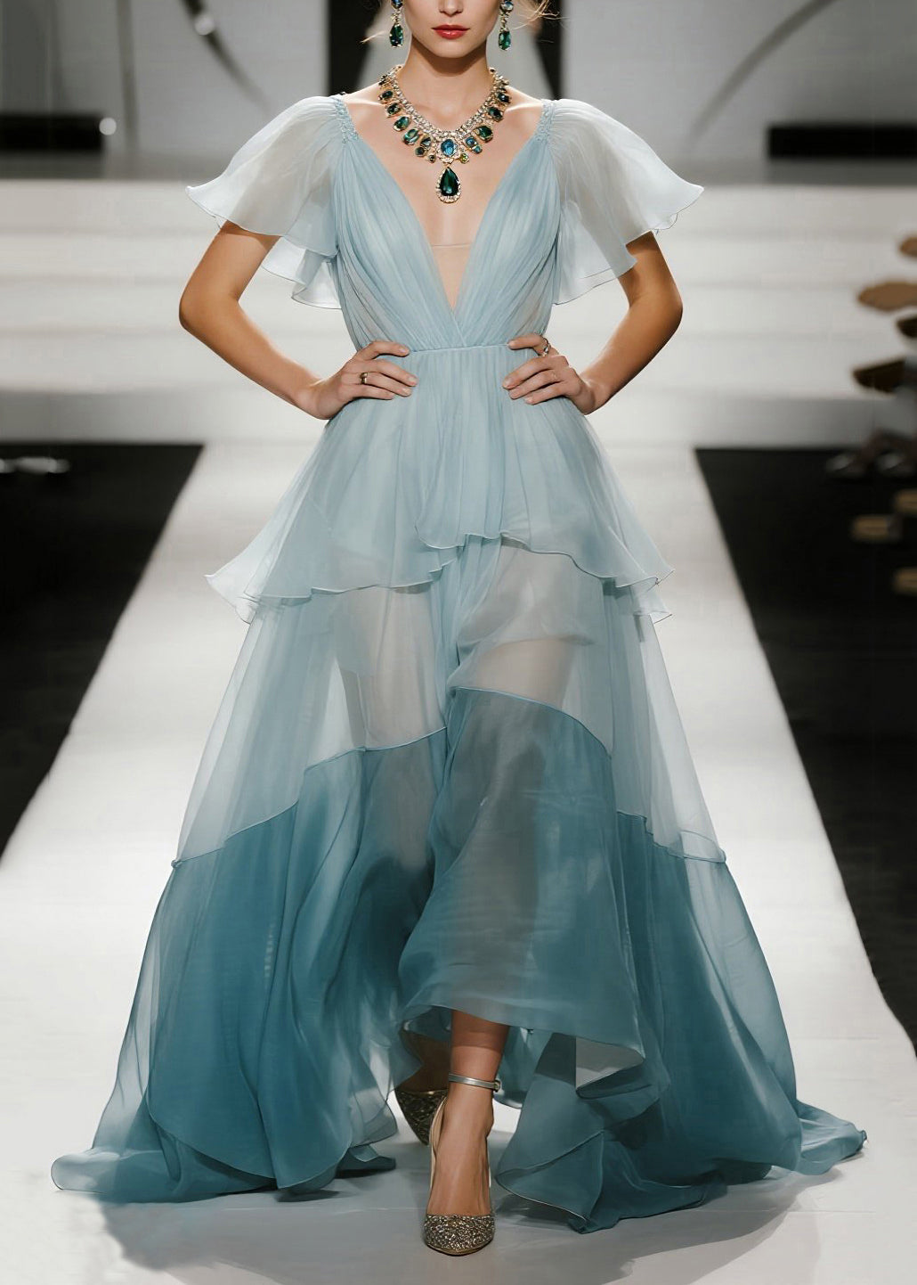 Sky Blue Exra Large Hem Patchwork Organza Evening Dresses Butterfly Sleeve
