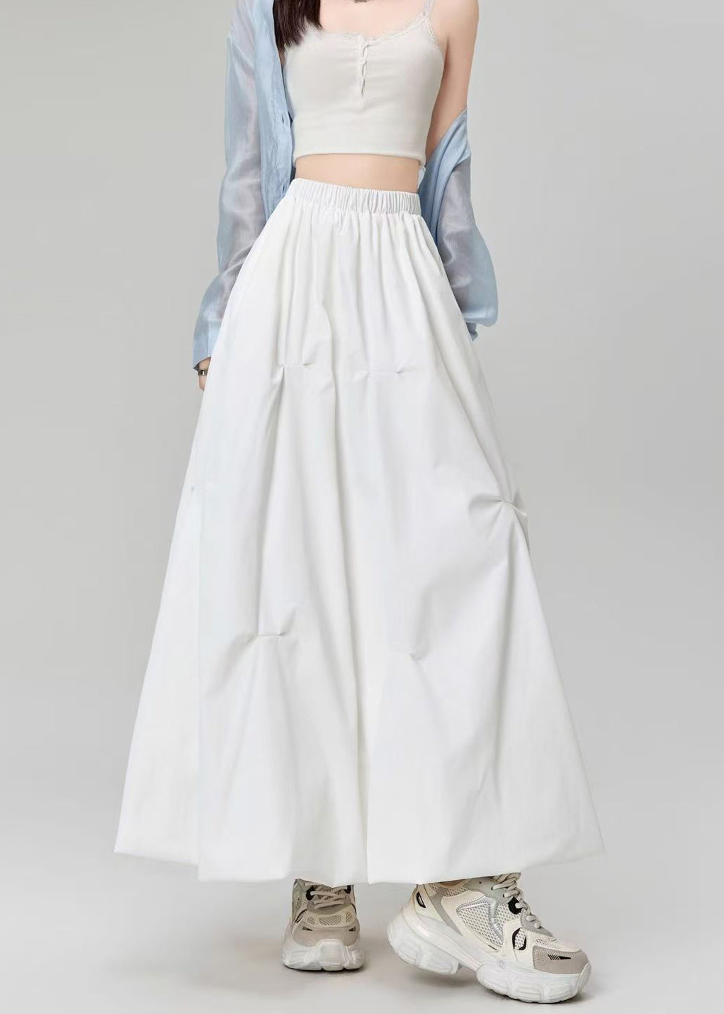 Grey Wrinkled Elastic Waist Cotton Skirts Fall