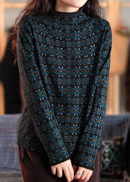 Blue Print Clothes for High Neck Patchwork Knitwear