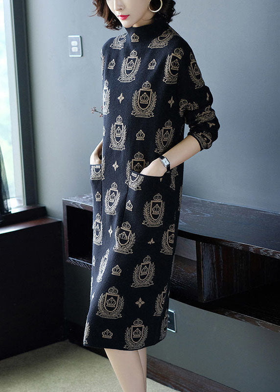 Black High Neck Print Pockets Knit Sweater Dress Long Sleeve