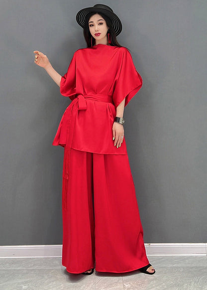 Fine Red Slash Neck Top and Long Pants Two Piece Set Summer