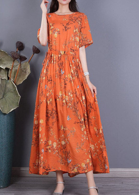 Orange Cinched Print Cotton Long Dress Short Sleeve