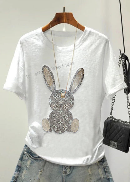 Daisy Zircon O Neck Cotton T Shirts Summer