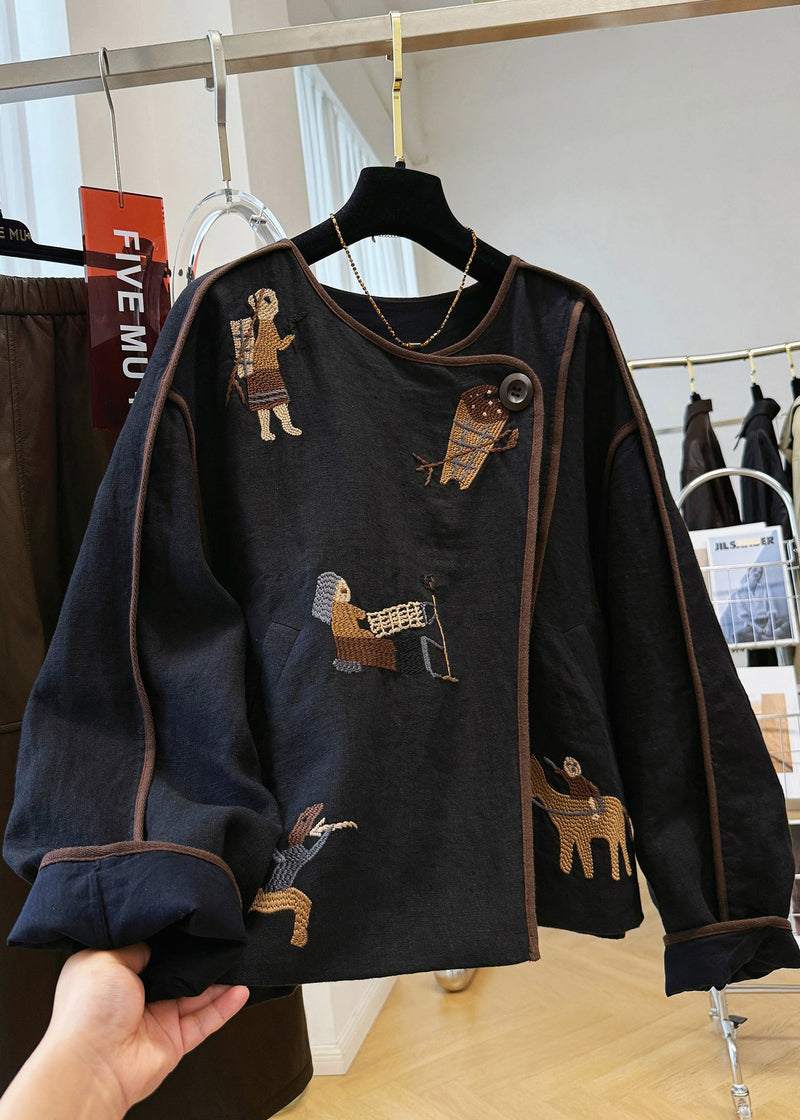 Handmade Black O Neck Embroidered Patchwork Linen Coat Fall