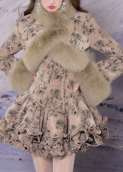 Khaki Fur Collar Print Coats and Mid Dress Two-piece Set Winter