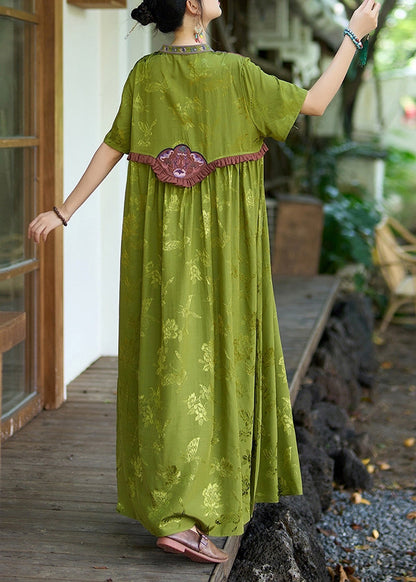 Green Stand Collar Ruffled Embroidered Silk Dresses Summer