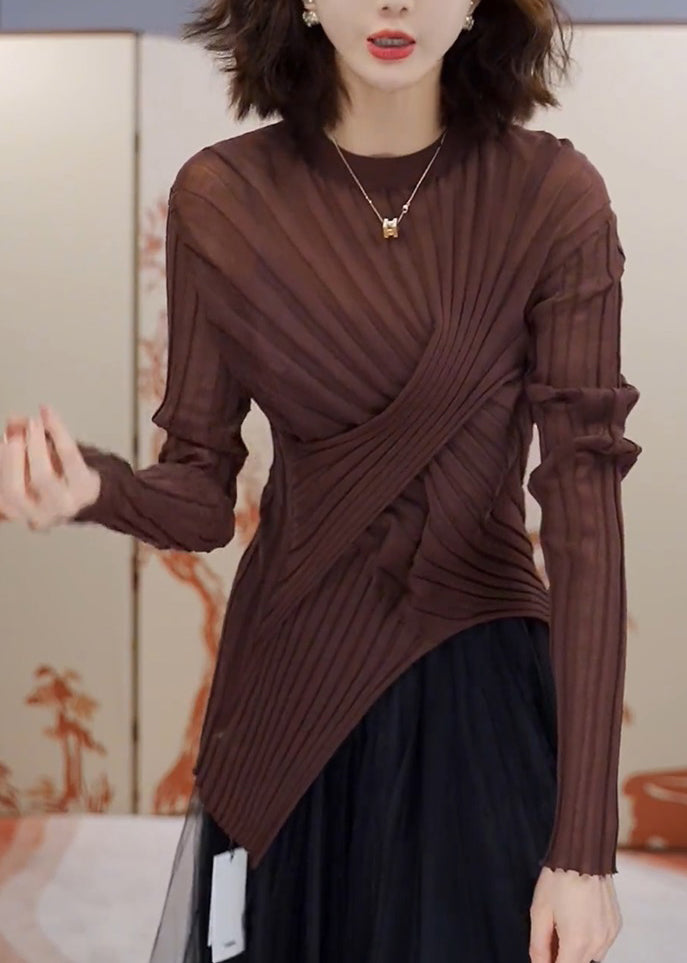 Handmade Coffee O-neck Asymmetrical Wrinkled Tops Spring