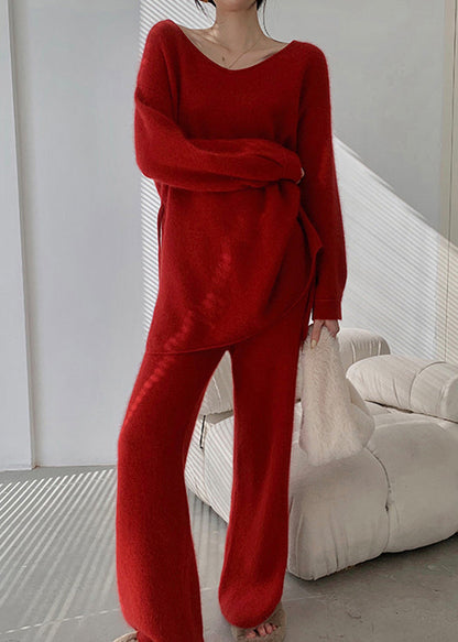 Red Sweaters and Pants Knit 2 Piece Outfit Fall