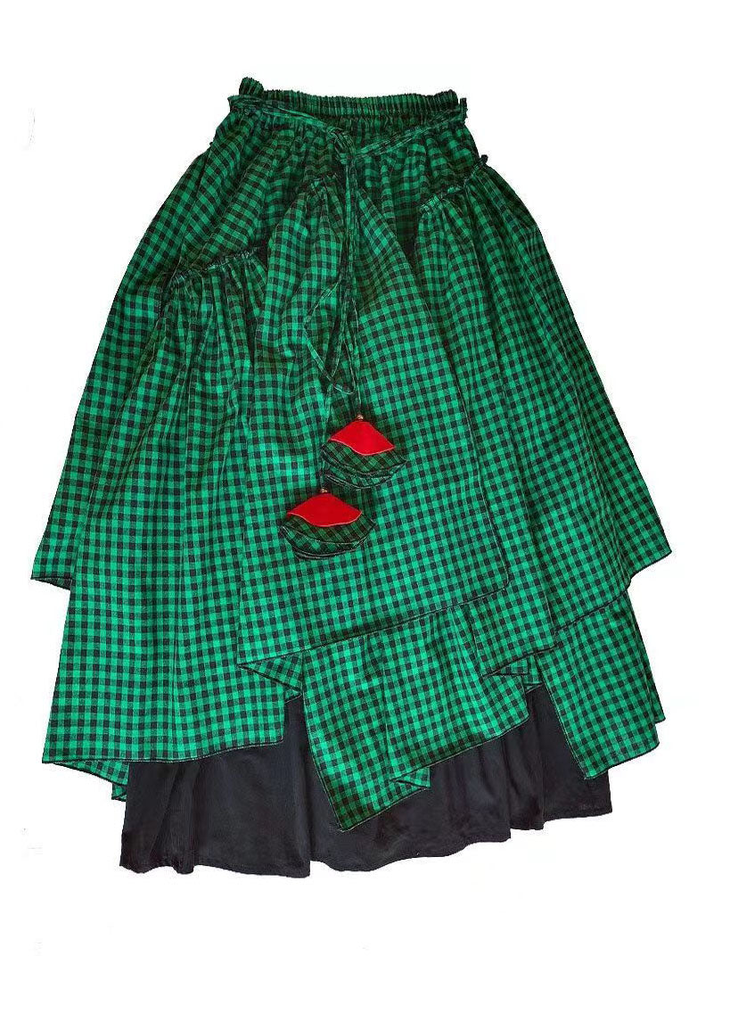 Green Asymmetrical Plaid Patchwork Tie Waist Long Skirts Fall