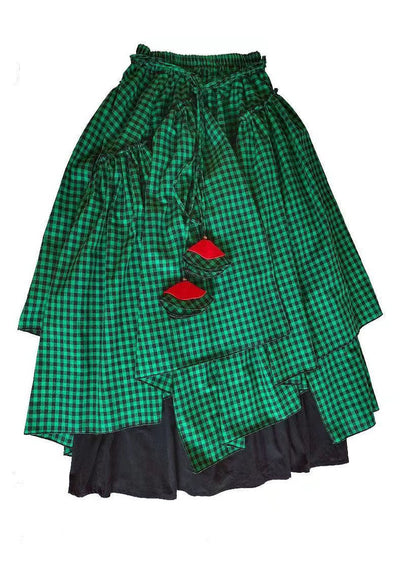 Green Asymmetrical Plaid Patchwork Tie Waist Long Skirts Fall