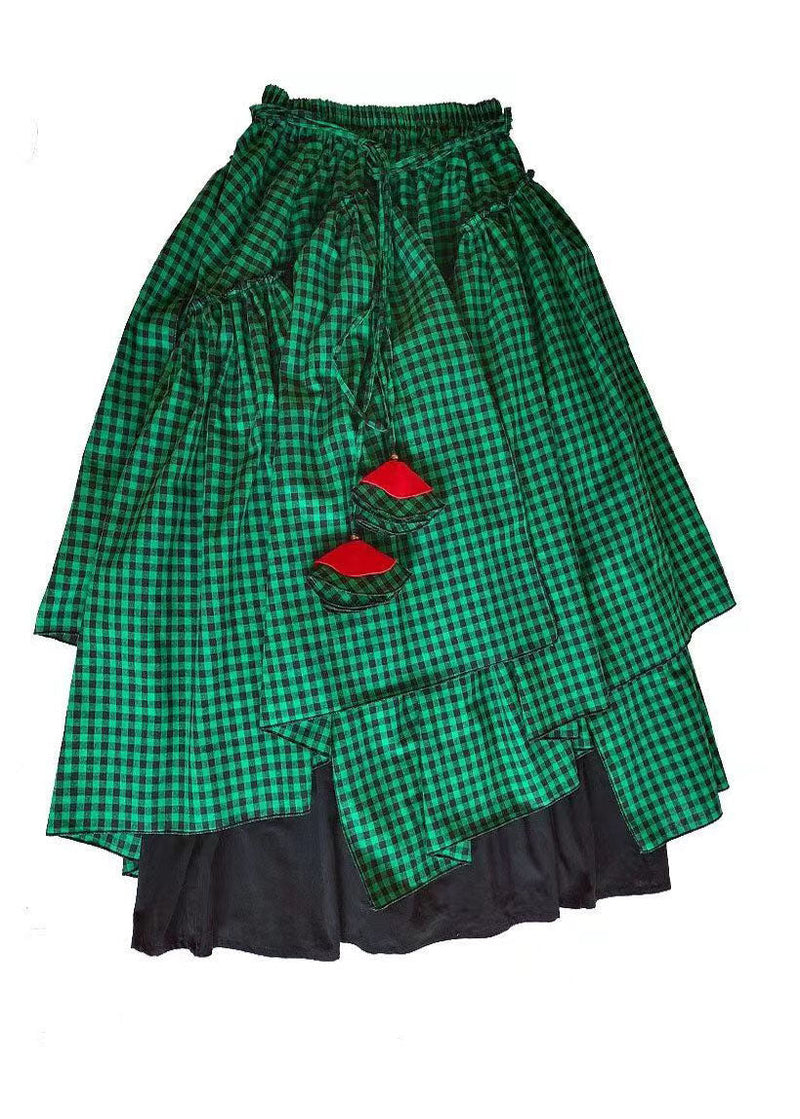 Green Asymmetrical Plaid Patchwork Tie Waist Long Skirts Fall
