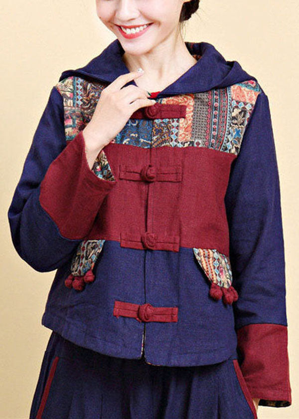Blue Hooded Patchwork Oriental Button Linen Jacket Fall