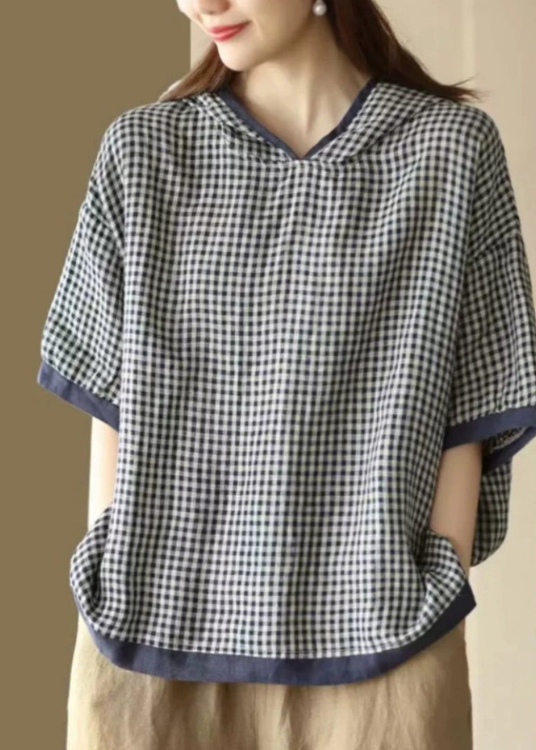 Art Dark Blue O-neck Plaid Hooded T Shirt Summer