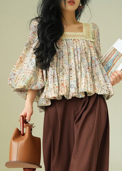 Square Collar Print Lace Up Patchwork Cotton Blouses Fall