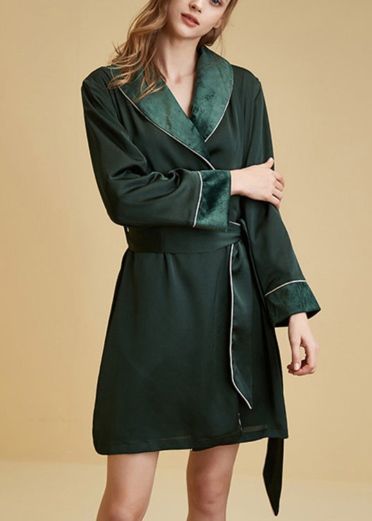 Blackish Green Peter Pan Collar Patchwork Tie Waist Thick Velour Rose Spring