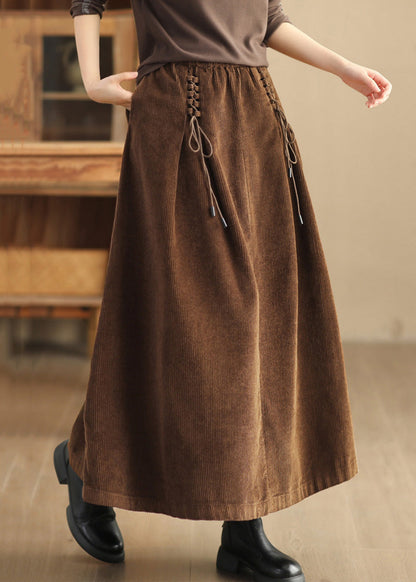 Coffee Lace Up Corduroy Skirts High Waist