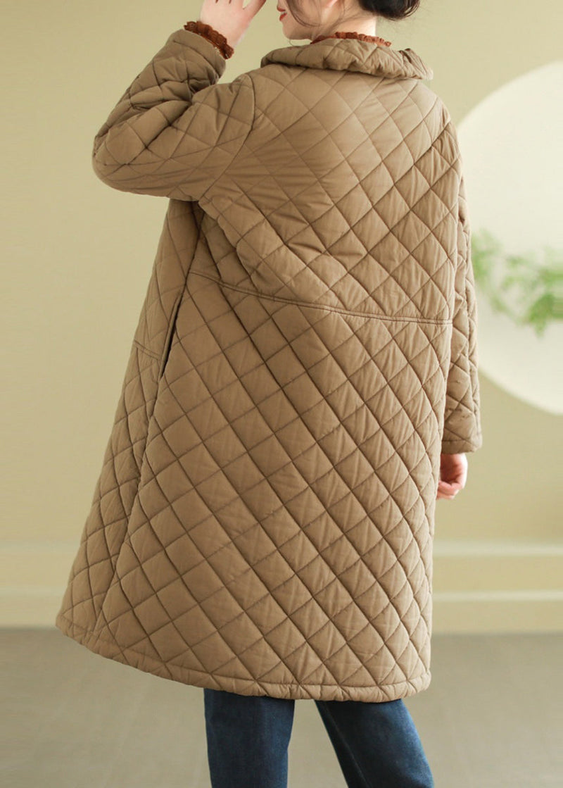 Khaki Plaid Fine Cotton Filled Jacket in Winter Peter Pan Collar