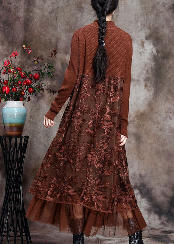 Chocolate O-neck Embroideried Patchwork Fall Long Knit Dress