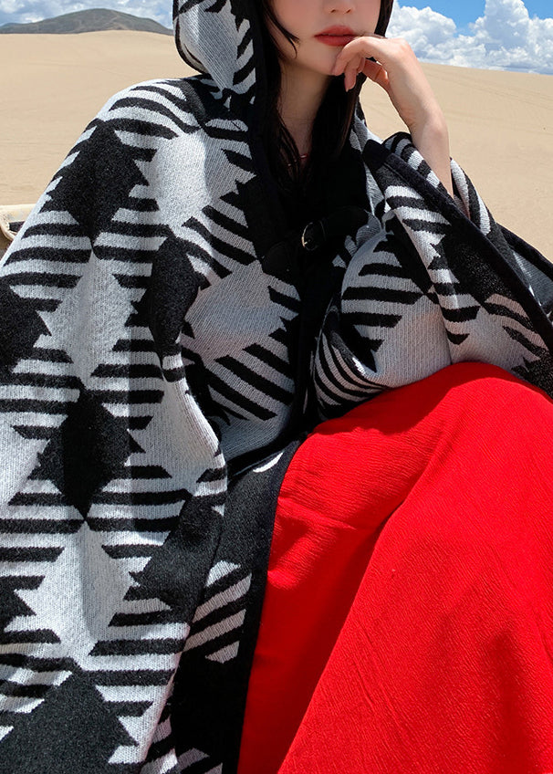 Black White Plaid V Neck Cashmere Cardigan Long Sleeve