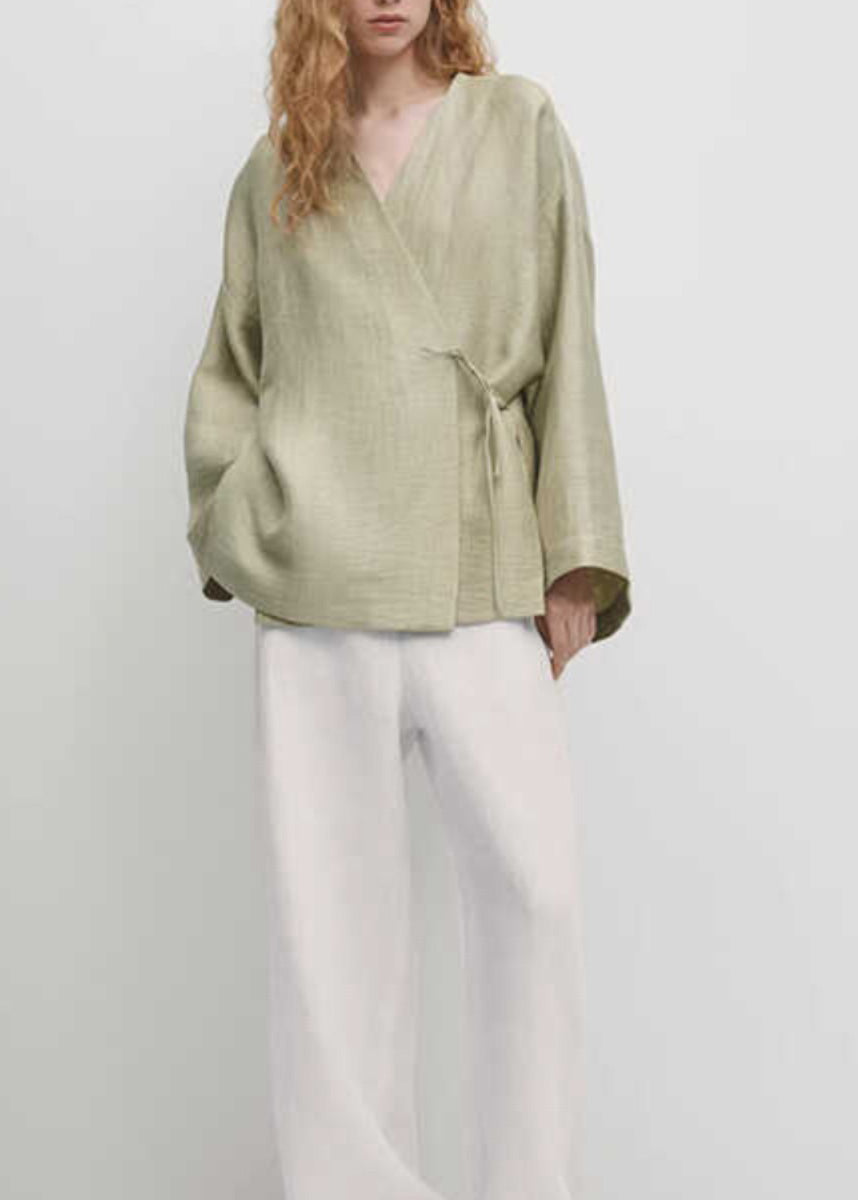 Green V Neck Lace Up Cotton Shirt Tops Fall
