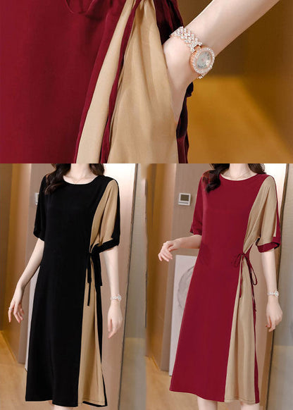 Handmade Red O-neck Patchwork Chiffon Cinch Dresses Short Sleeve