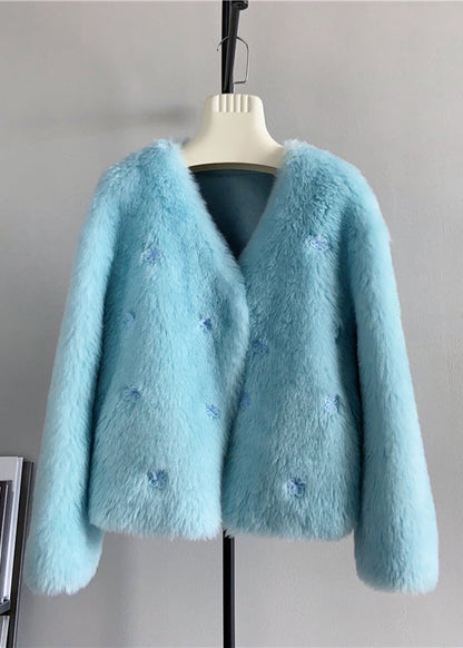 Boutique Blue V Neck Wool Short Coat Winter
