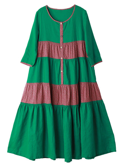 Green O-neck Button Patchwork Vacation Dresses Long Sleeve