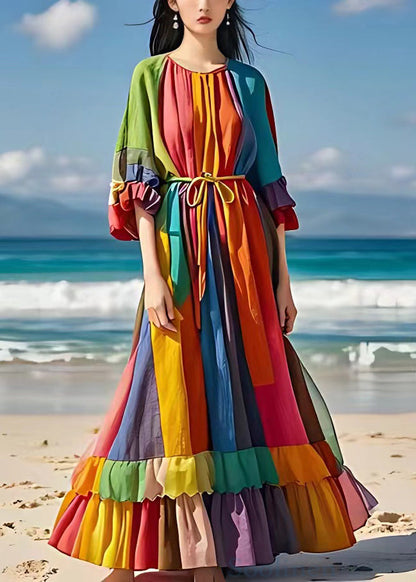 Rainbow Tie Waist Wrinkled Cotton Maxi Dresses Half Sleeve
