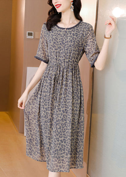 Simple Grey O-neck Leopard Print Tie Waist Silk Cinch Dresses Short Sleeve