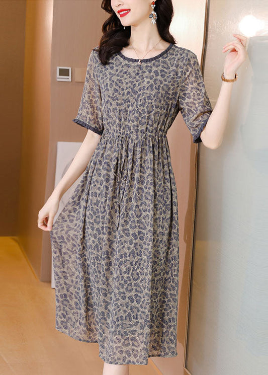 Simple Grey O-neck Leopard Print Tie Waist Silk Cinch Dresses Short Sleeve