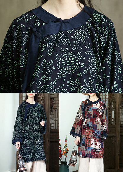 Navy Print Button Patchwork Cotton Mid Dress Fall